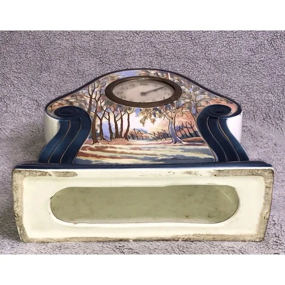 Vintage Landscape Painted Pottery Mantle Clock Germany Decor Art Nouveau